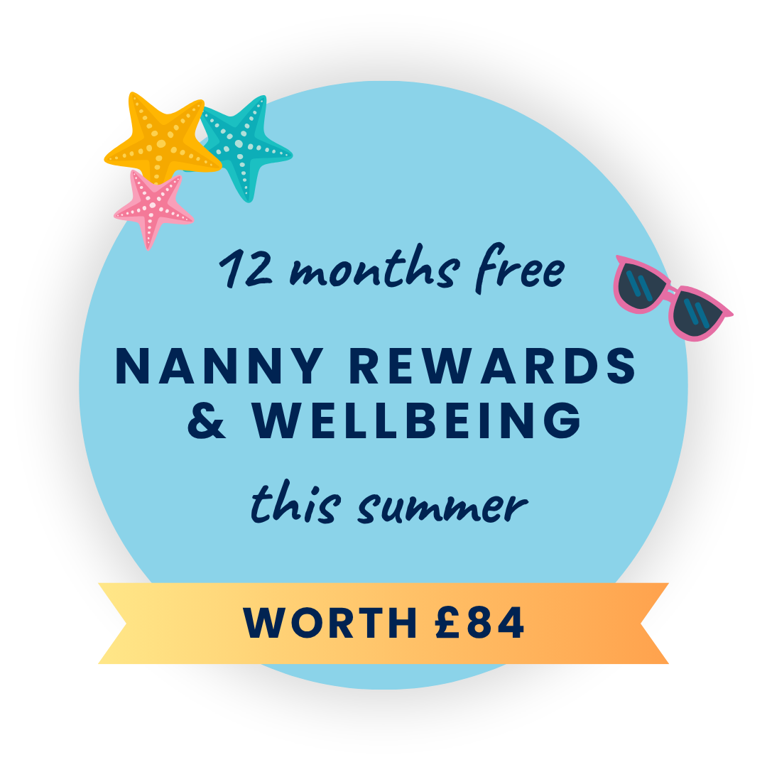 Badge promoting Summer 2026 offer of 12 months free Nanny Rewards and Wellbeing worth £84